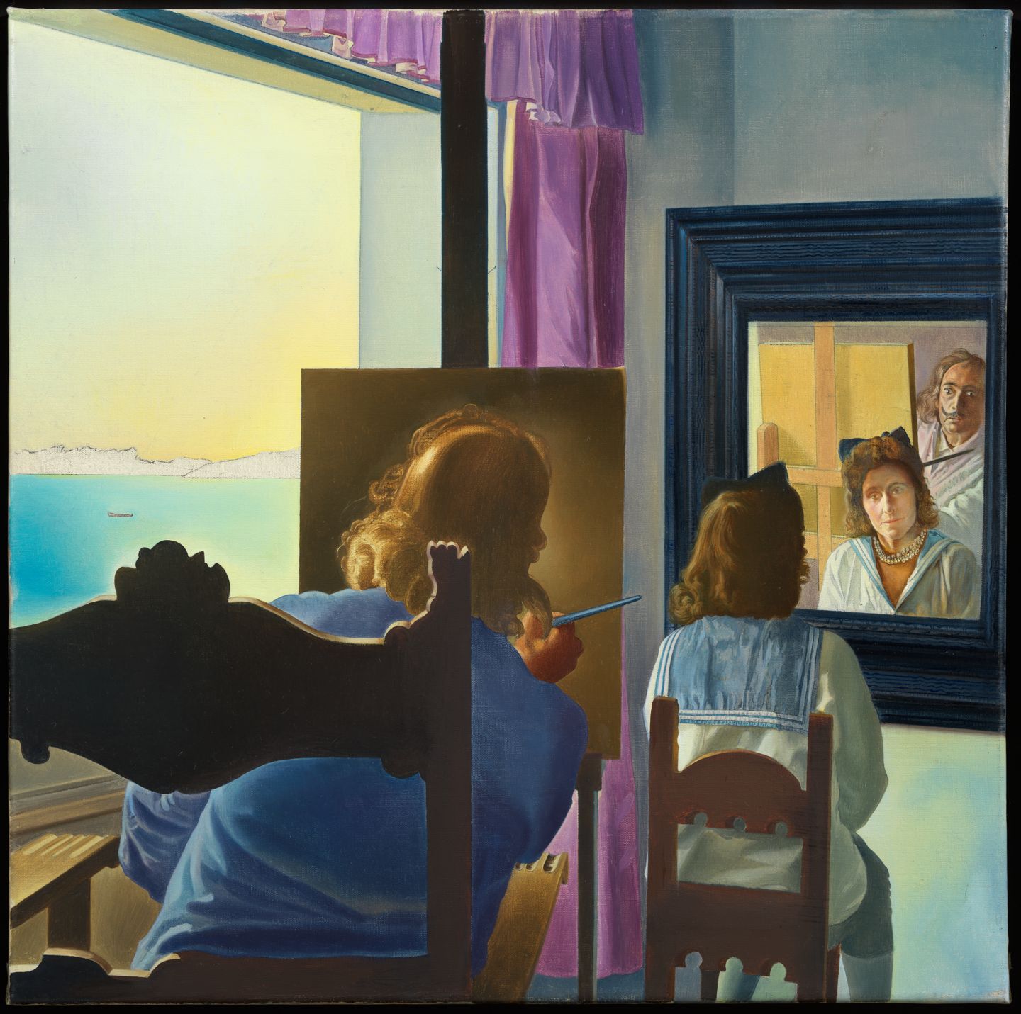 Dalí d'esquena pintant Gala vista d'esquena eternitzada per sis còrnies virtuals provisionalment reflectides a sis miralls vertaders. Obra estereoscòpica