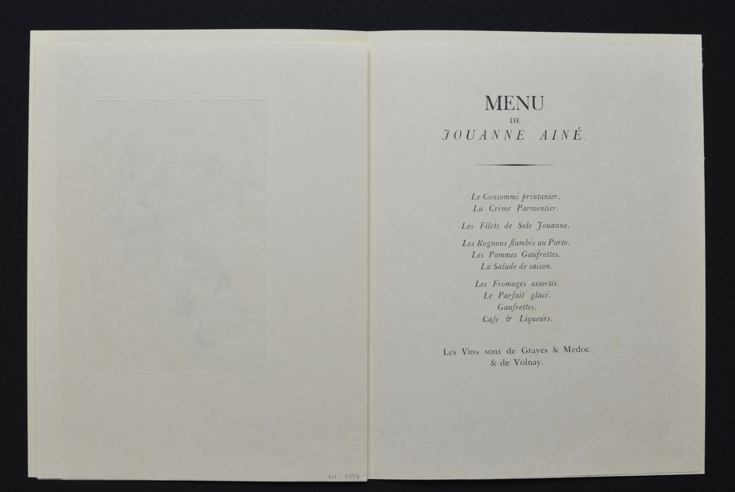 Menu du banquet de la Société du Roman Philosophique