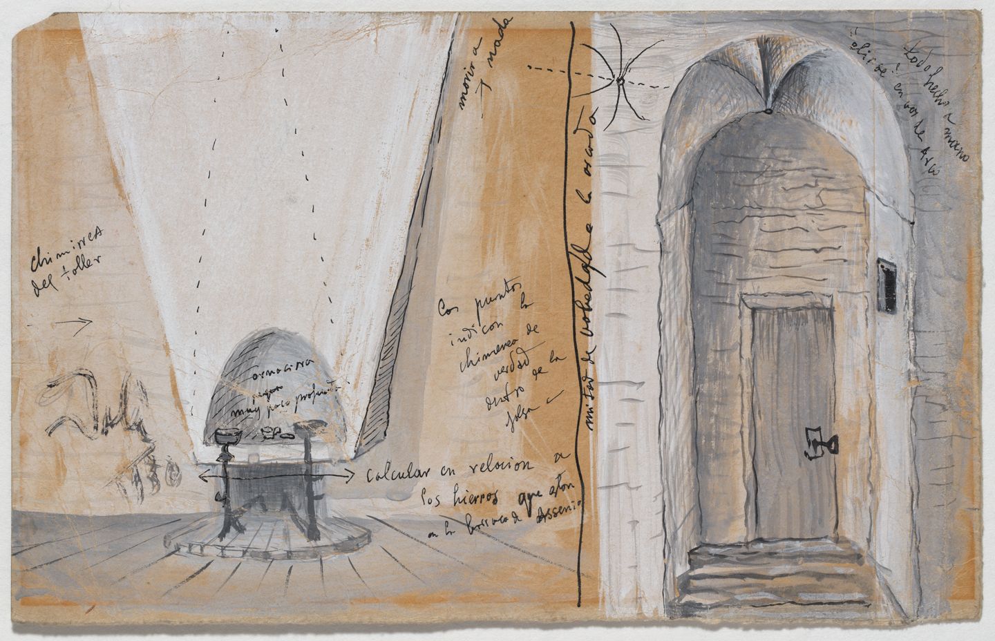 Projecte per a la llar de foc i zona sota taller de la casa de Portlligat amb instruccions de Salvador Dalí