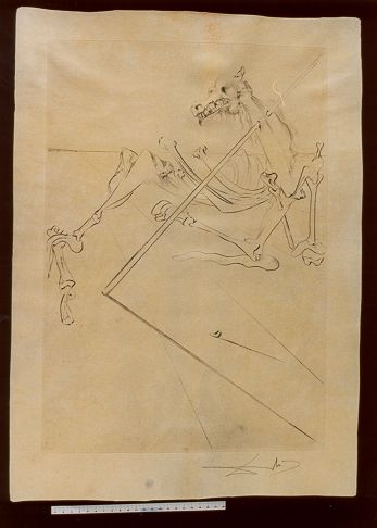 Le soleil couchant allonge le squelette noir d'un grand cheval, très grand ... La tête est sostenue par le fer d'une lance